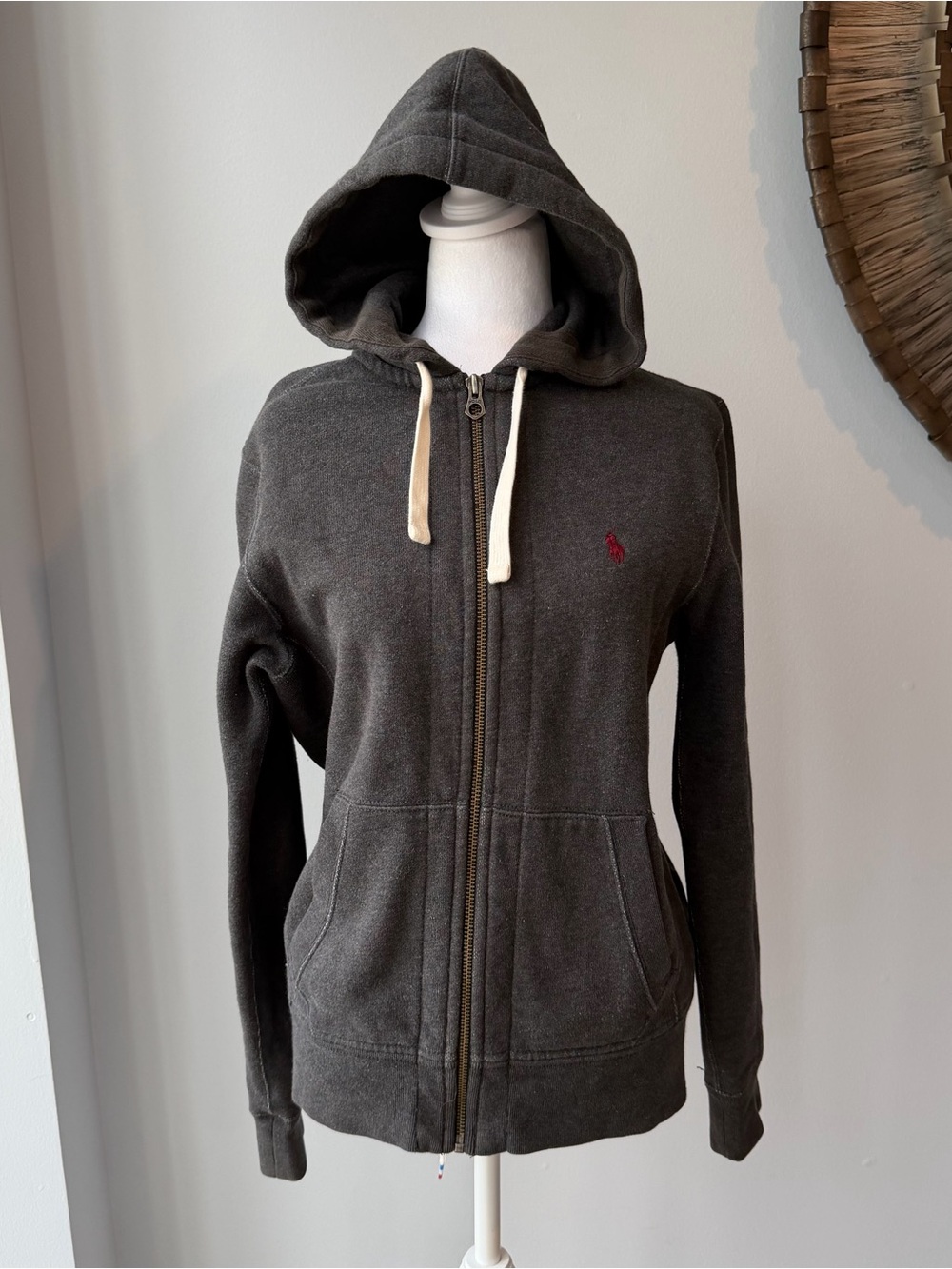 polo ralph lauren hoodie S charcoal gray full zip fleece red pony⁠